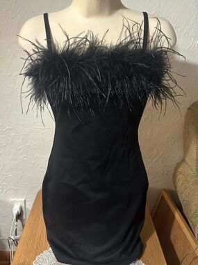 Fashion Nova Black Feather-Trim Mini Dress